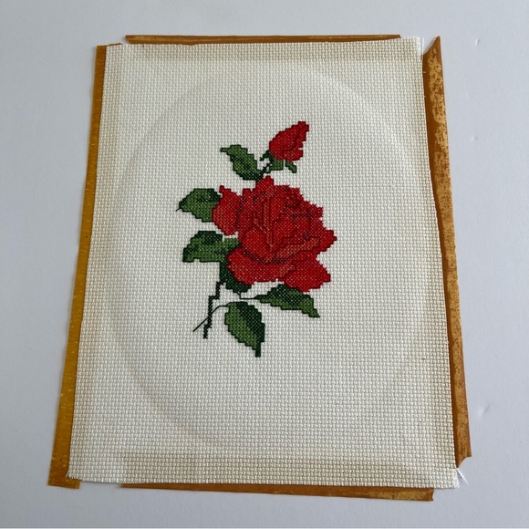 Vintage Cross Stitch Red Rose Flower Art Handmade - Picture 5 of 6
